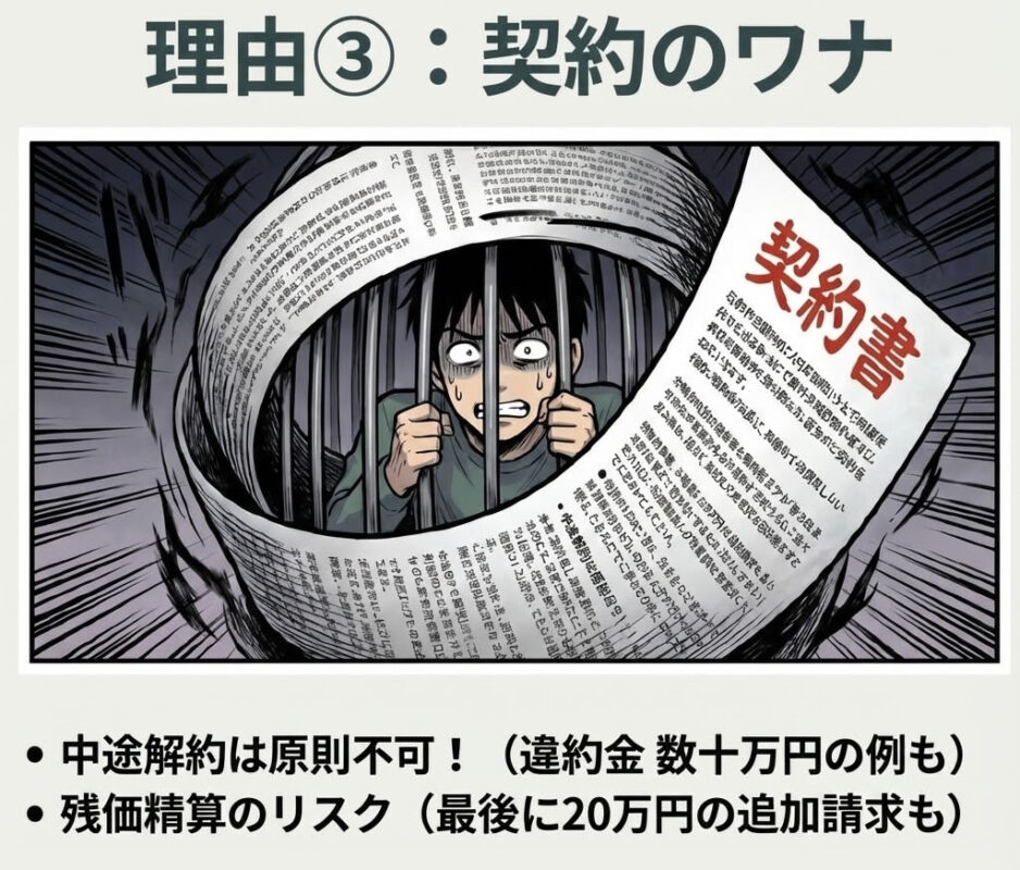 デメリット3:中途解約は原則不可!違約金は数十万円