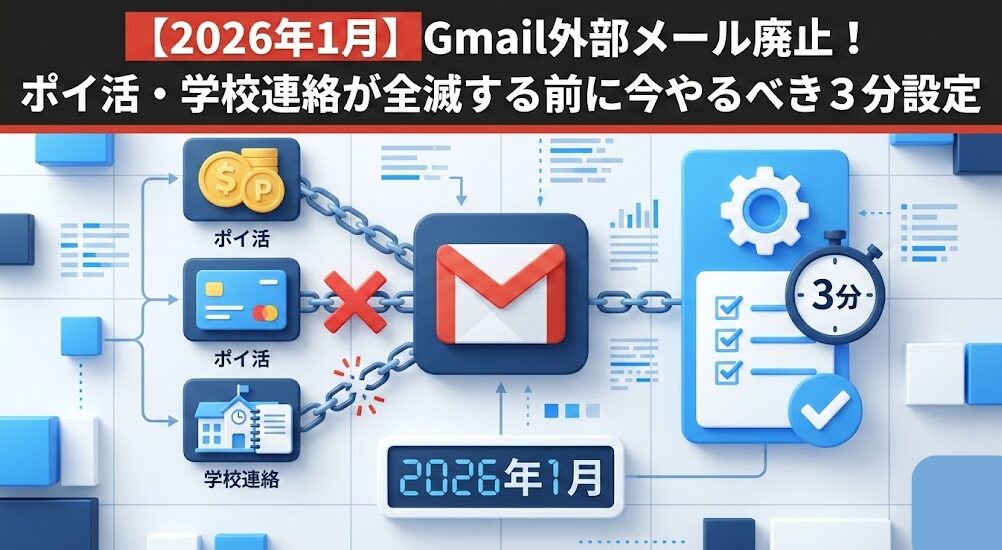【2026年1月】Gmail外部メール廃止!ポイ活・学校連絡が全滅する前に今やるべき3分設定