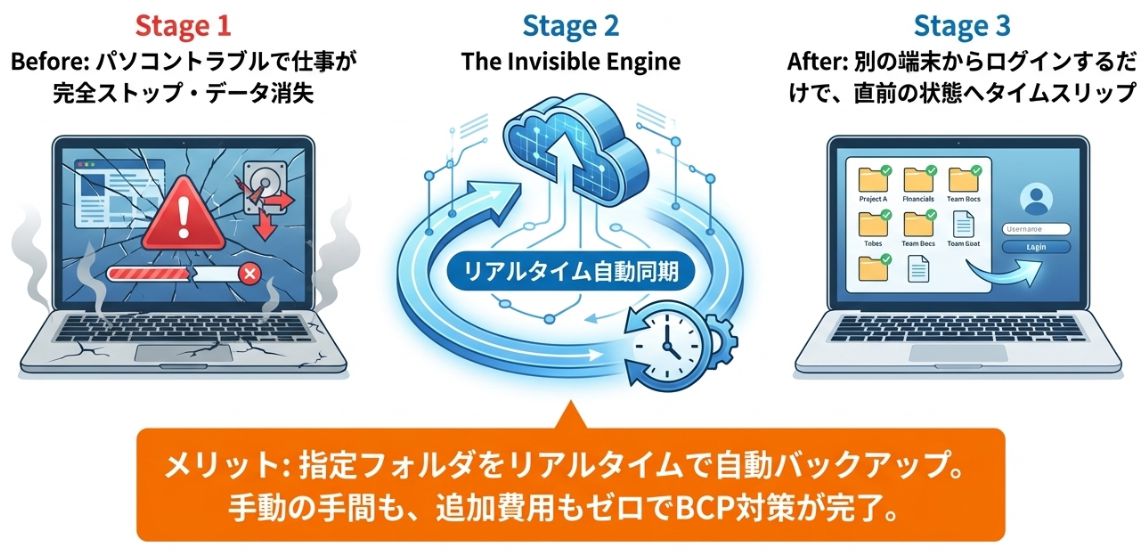 自動同期(バックアップ)で万が一のパソコントラブルに備える(BCP対策)