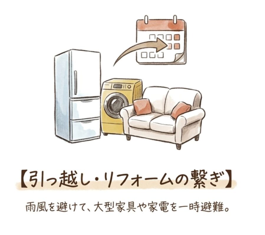 引っ越し・リフォームの繋ぎ。雨風を避けて大型家具や家電を一時避難