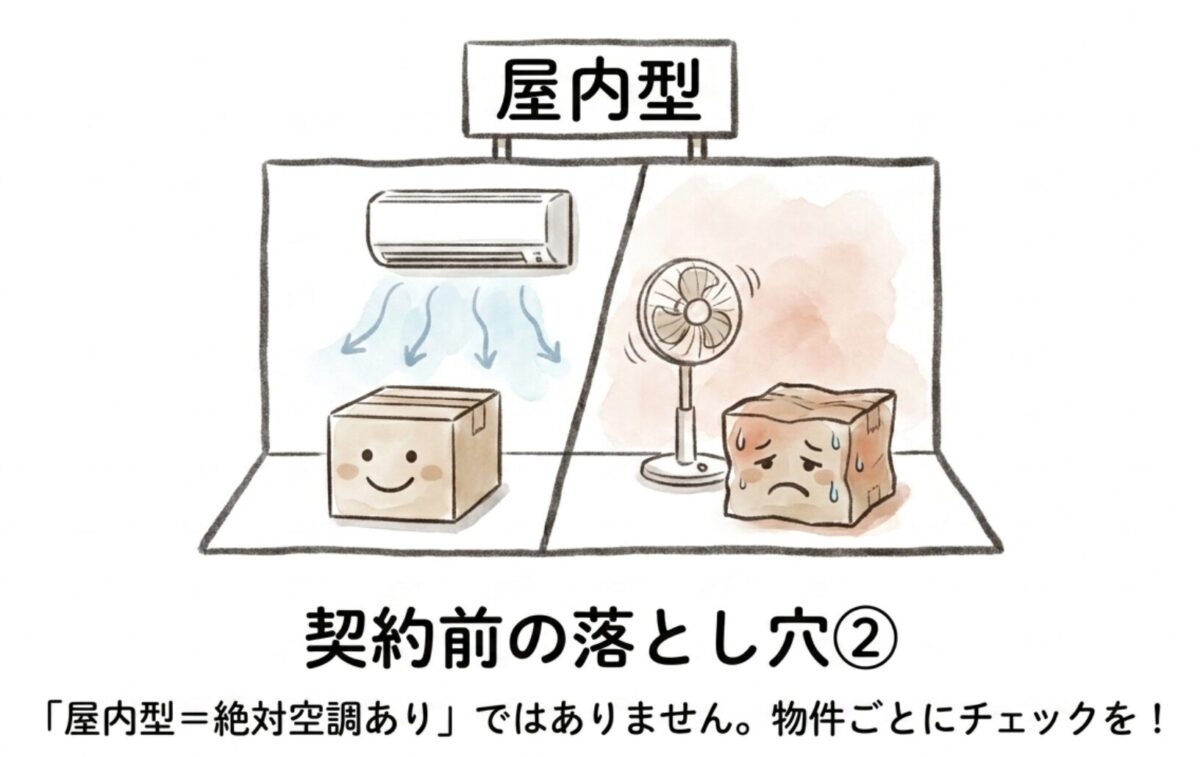 契約前の落とし穴2。屋内型=絶対空調ありではありません。物件ごとにチェックを!