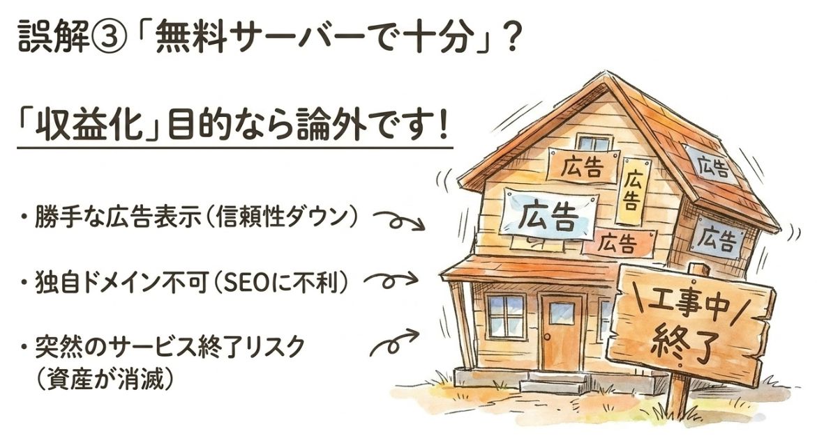 「無料サーバーで十分」→ 収益目的なら論外です