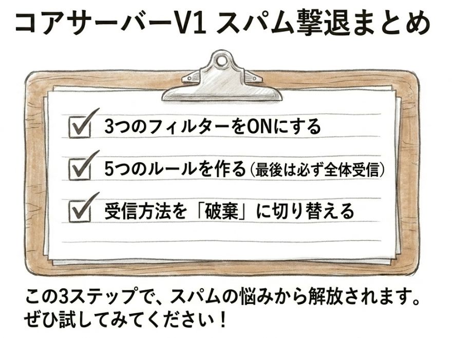 まとめ:コアサーバーV1でのスパムメール撃退の3ステップ