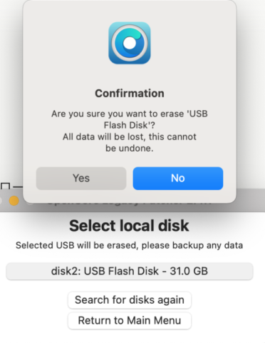 「Are you sure you want to erase?」というダイアログでyesをクリック