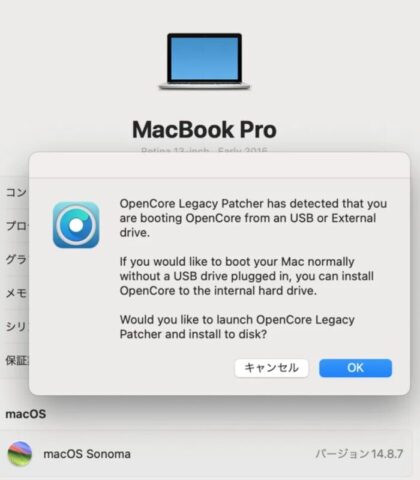 「USBから起動しています。内蔵ドライブにインストールしますか?」でOKをクリック